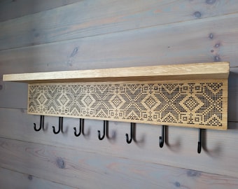 Patterned Oak Wall Coat Rack with Shelf – Crafted Ethnic Design, 5 / 7 Hooks