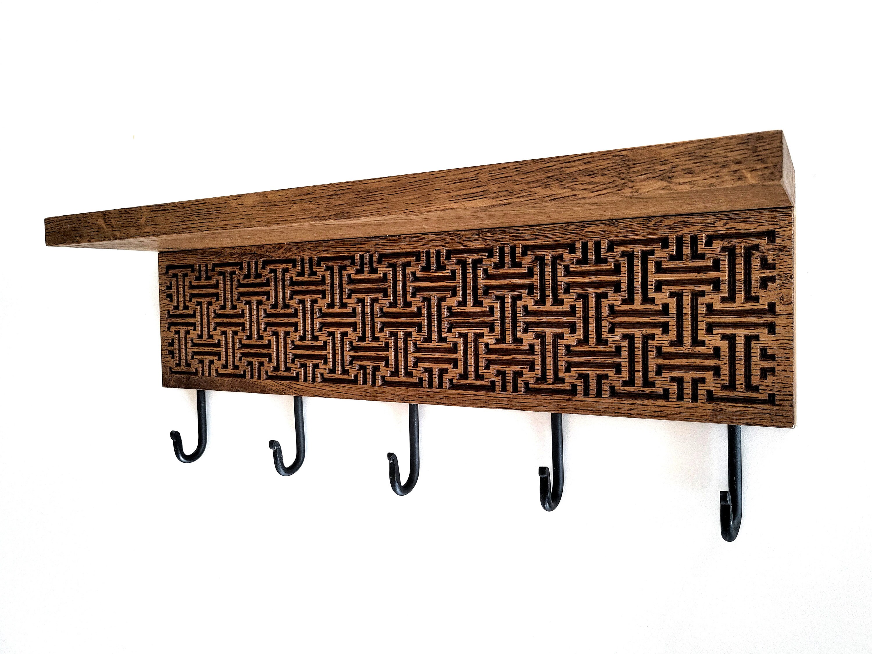 Oak Wall Mount Coat Rack With Shelf, Artistic Design, Iron Hooks - Etsy UK
