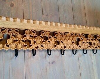 Unique Honeycomb Oak Wall Rack with Shelf – Bee-Inspired Coat Storage, Various Sizes