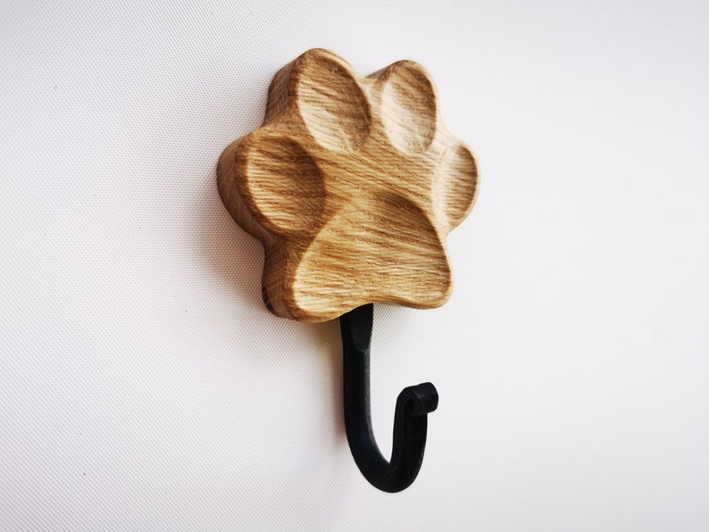 Wooden dog leash holder for wall Paw Print of natural oak