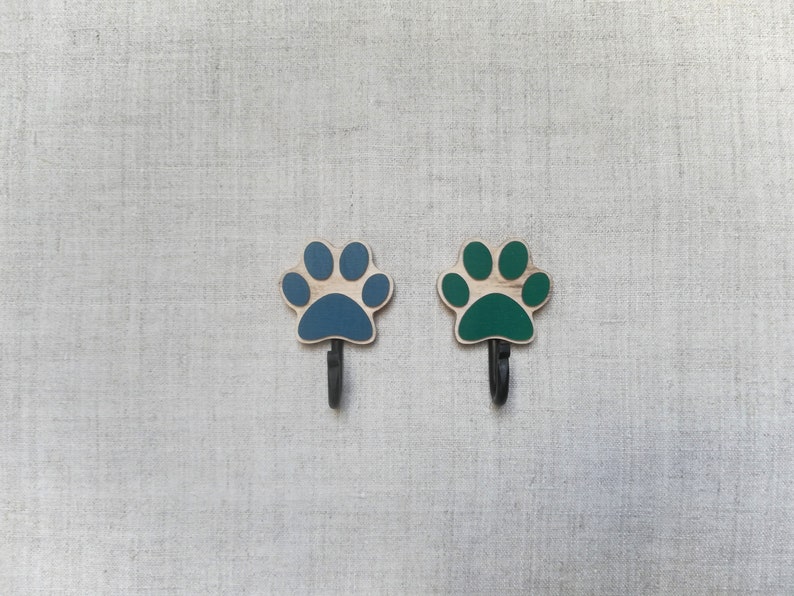 Wooden dog leash hook for wall Paw Print in blue and opal green