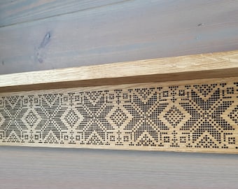 Ethnic patterned crafted oak wall shelf Stars