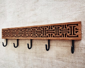 Oak Coat Rack with Iron Hooks, Oriental Design Key Hanger