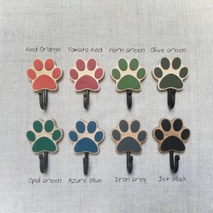 Wooden dog leash hook for wall Paw Print in various colors with color names