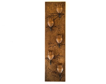 Vertical wooden wall mount rack Owl's Hill with 5 hooks