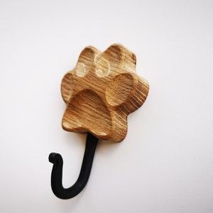 Wooden dog leash holder for wall Paw Print of natural oak