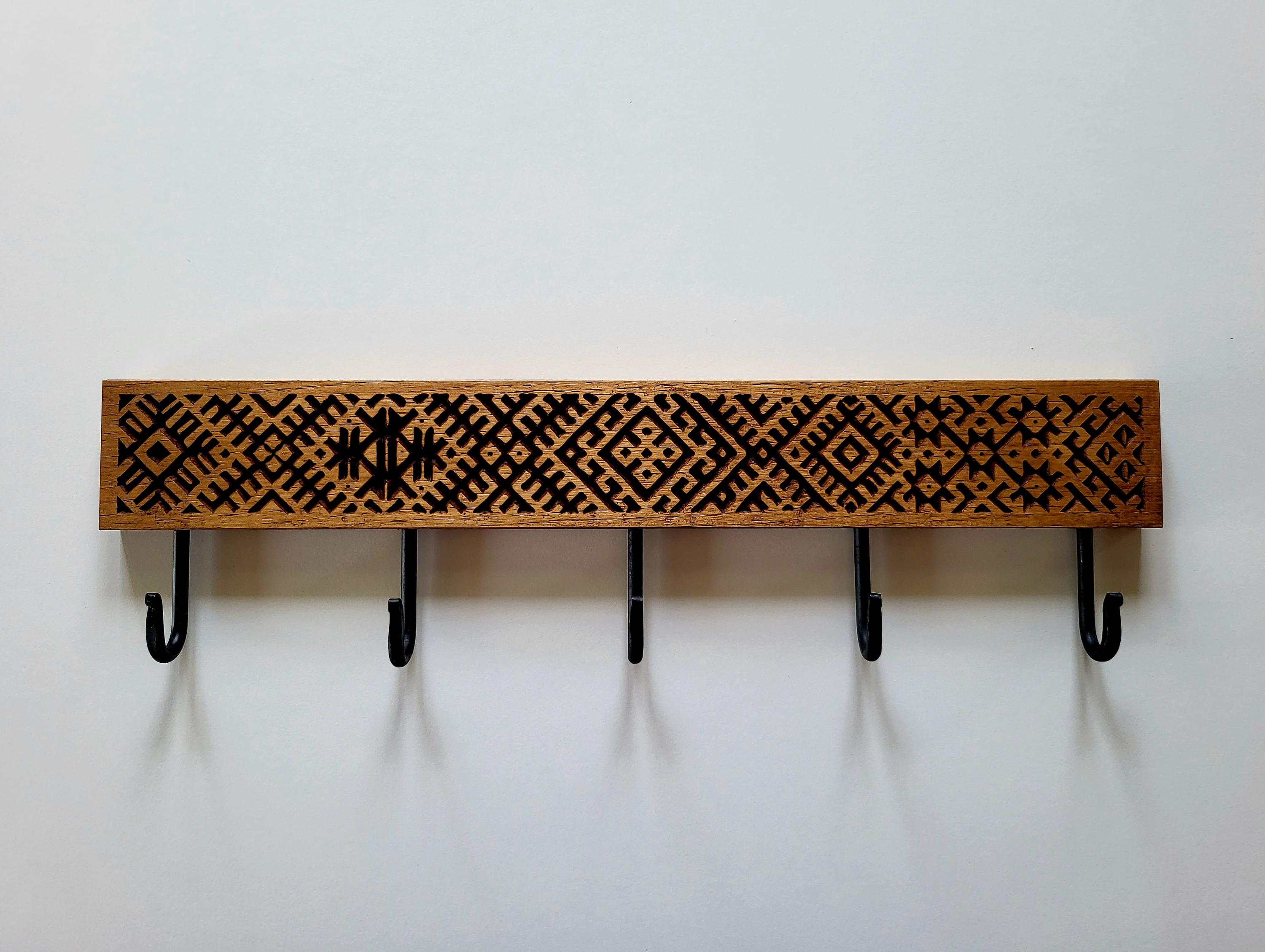Wall Engraved Rack Etno Slim Oak Wall Rack – Engraved Pattern, Key & Towel Hanger - Etsy