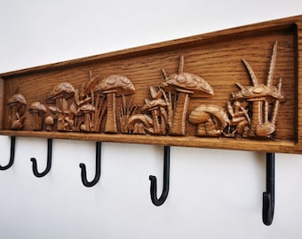 Wooden wall mounted coat rack Mushroom Forest with 5 or 7 hooks