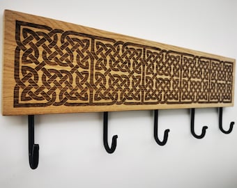 Rustic Wooden Wall-Mounted Coat Rack with Celtic Knot Design | Handmade Oak Entryway Organizer