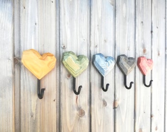 Colorful wooden wall mount Heart hook for coats or keys