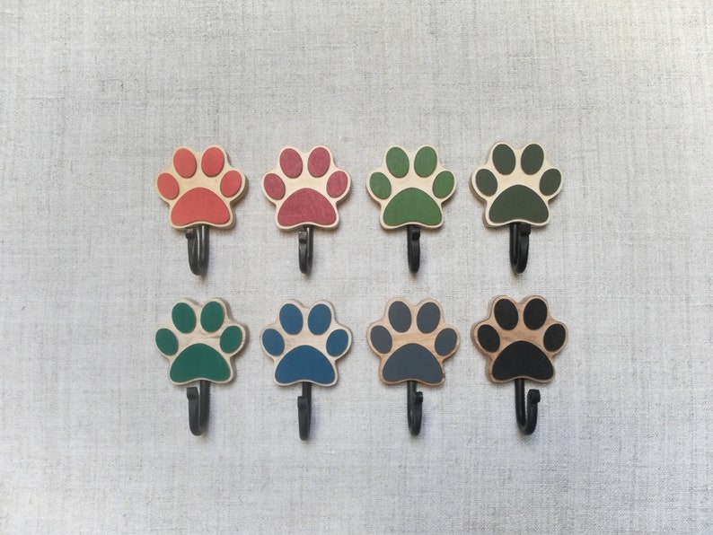 Wooden dog leash hook for wall Paw Print in various colors
