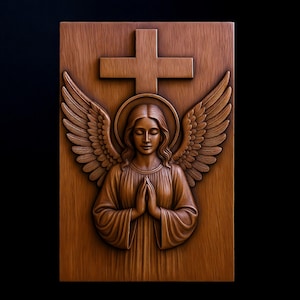 Ange priant avec croix STL | Fichier de sculpture sur bois en relief CNC religieux à usage commercial