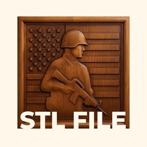 Patriotic Soldier Relief Cut STL File for CNC Relief Carving & 3D Printing | Framed and Unframed Digital Download | Wall Art, Plaque, Decor