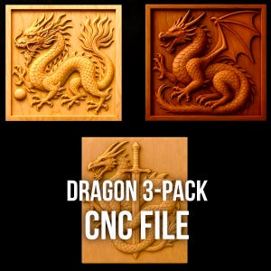Pacote Dragon STL – 3 Arquivos de Alto Relevo para CNC ou Impressão 3D | Download Digital | Arte de Parede Gótica | Uso Comercial