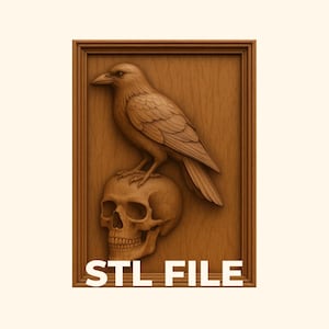 Raven on Skull Relief Cut STL File for CNC Relief Carving & 3D Printing | Framed and Unframed Digital Download | Wall Art, Plaque, Decor