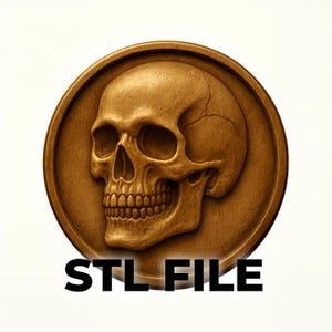 Archivo STL de relieve de moneda de calavera para grabado CNC/3D, fabricación de monedas, uso comercial / Medallón de calavera de terror, descarga digital