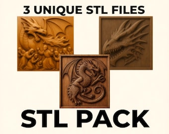 Dragon STL 3 Pack Relief Cut STL File for CNC Relief Carving & 3D Printing | Digital Download | Wall Art, Plaque, Decor