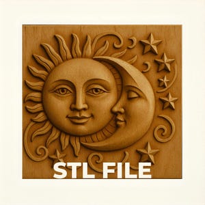 File STL Sole e Luna per CNC - Download digitale di rilievo 3D / Arte murale celeste per lavorazione del legno, router, incisione e regali per uso commerciale