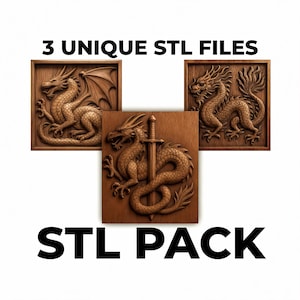 Dragon STL 3 Pack Relief Cut STL File for CNC Relief Carving & 3D Printing | Digital Download | Wall Art, Plaque, Decor