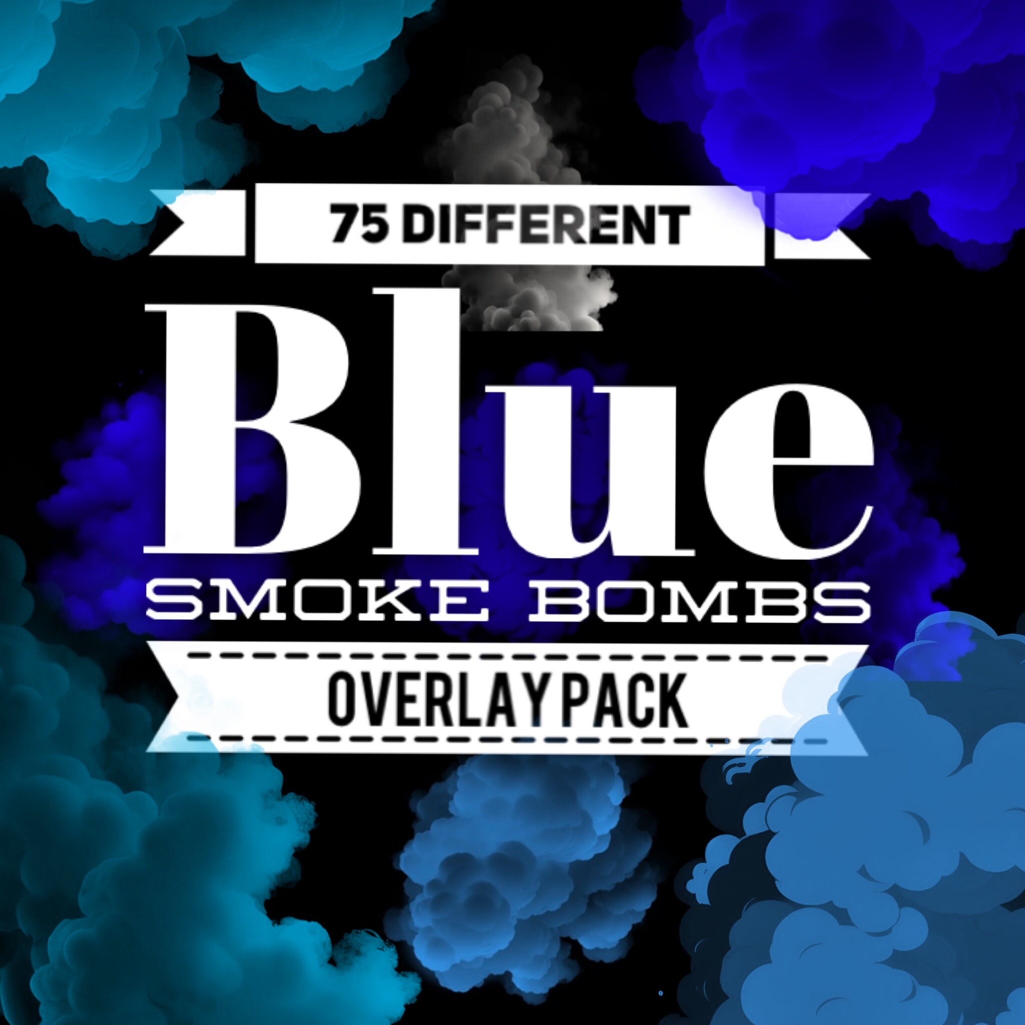 Blue Smoke Bomb Overlay Bundle, 75 Blue Smoke Bombs and Clouds on a