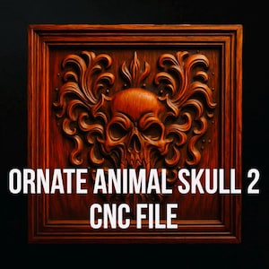 Arquivo STL de crânio de animal para CNC | Relevo de crânio ornamental gótico | Download digital com e sem moldura | Uso comercial