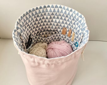 Knitting Project Bag "Pale Pink" knit crochet handicraft * lots of compartments inside * drawstring * pockets organiser * travel *knitter