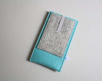 Custom size phone case sleeve "ocean pocket", pure new wool felt, cover with extra pocket, bespoke for iPhone, Samsung, Huawei, Xiaomi etc.