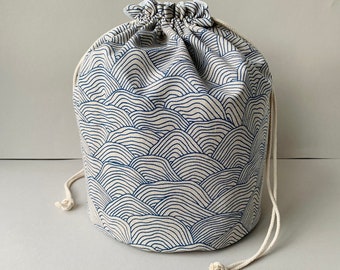 Knitting Project Bag &quot;Waves&quot; * knit crocheting crafts * lots of pockets inside * drawstring * knitters * organiser * travel * van life *