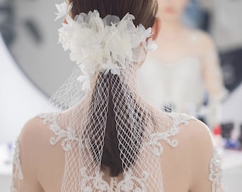 Tulle Bridal Hair Acc, Wedding Veil Alternative, Pony Tail, Flower Fish Net Sheer Acc, Bride Hair Piece Accessory H254