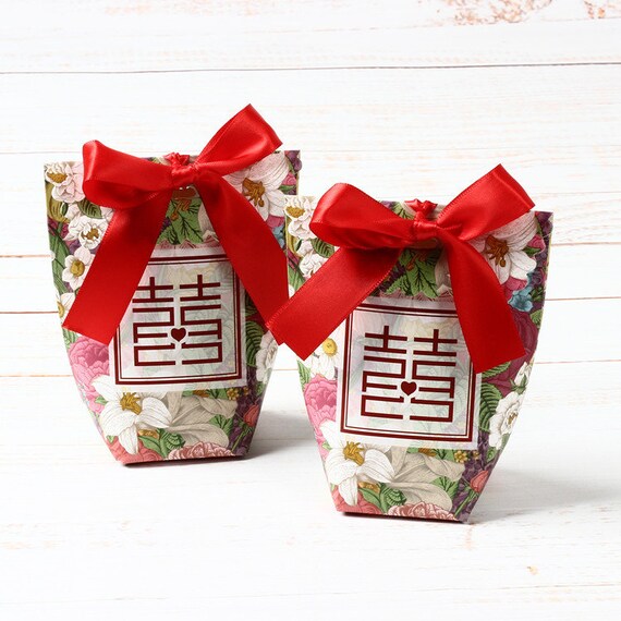 20pcs Ribbon Double Happiness Red Floral Wedding Favor Bags Etsy