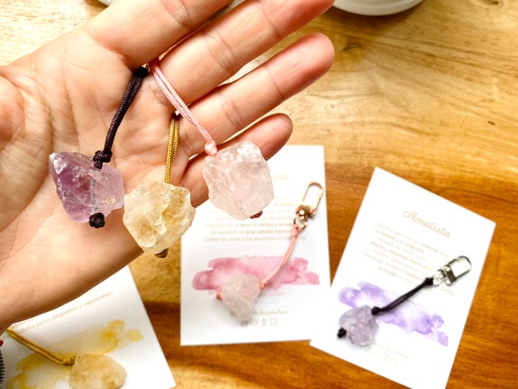 Energy stone keychains - amethyst, citrine or rose quartz with card explaining the properties of each natural stone