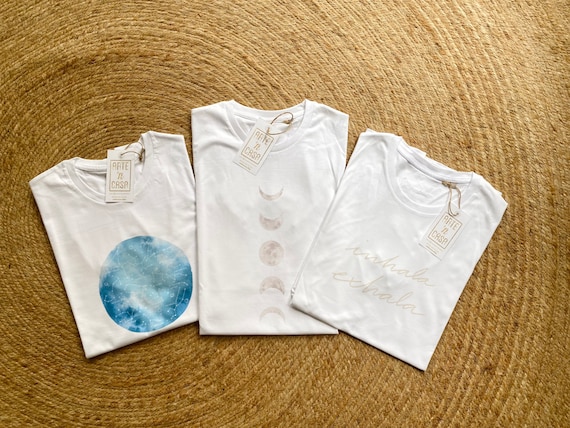 White organic cotton moon phases, zodiac constellations and inhale and exhale T-shirt