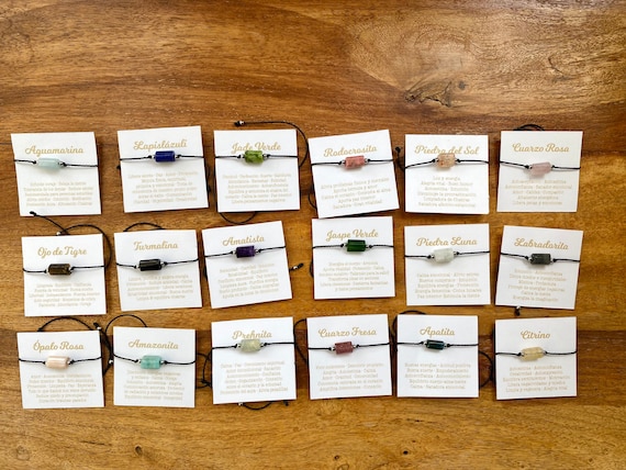 Cylinder energy stone bracelet with explanatory card and Kraft box jade, opal, prehnite, quartz, aquamarine, tourmaline...