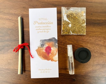 Rituel magique de protection et de nettoyage énergétique - bougies d'intention, encens, brûleur, bracelet de protection rouge et eau de Floride au quartz