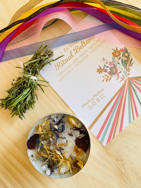 Beltane Magic Ritual to make wishes - Intention candle, ribbons to make your maypole and mini rosemary incense - May 1