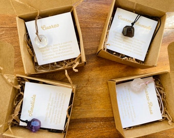 Energy Stone Necklaces with explanatory card and box - Amethyst, rose quartz, quartz and smoky quartz - with sliding closure