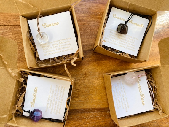 Energy Stone Necklaces with explanatory card and box - Amethyst, rose quartz, quartz and smoky quartz - with sliding closure