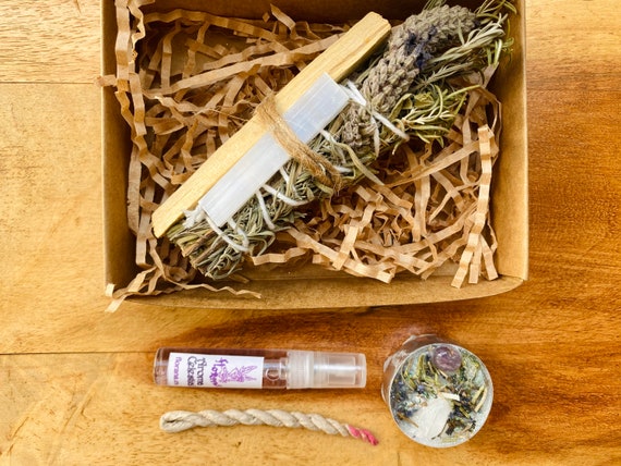 Energy Cleansing Kit - Sage, Lavender and Rosemary Sahumerium, Palo Santo, Selenite, Floral Elixir, Tibetan Incense, Candle of Intent