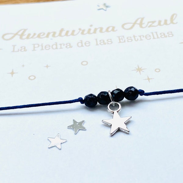 Pulsera estrella de Aventurina Azul, la piedra de las estrellas o piedra de la eternidad con tarjeta explicariva