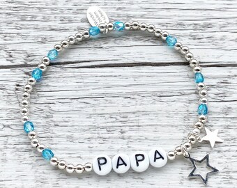 Buchstabenarmband "Stars" 925er Sterlingsilber Sterne blau Echtsilber Namensarmband personalisiert Armband mit Namen Papa Glas Buchstaben