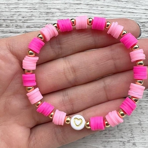 Armband "Pink Love" Katsuki Perlen Neon Rosa Gold Heishi Perlenarmband Damen knallig Geschenkidee elastisch Liebe Herz