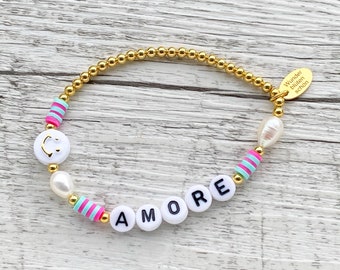 Personalized bracelet "Sweet Amore" 925 sterling silver 24 karat gold plated with freshwater pearls and smiley face