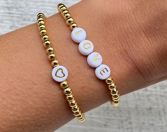 Stainless steel beaded bracelet, letter bracelet, gold name bracelet, personalized bracelet, gift idea