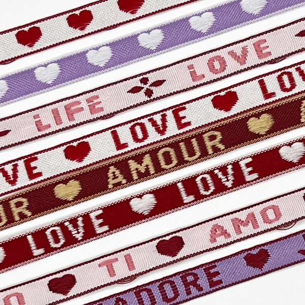 8 x 1 m besticktes Textilband für Armbänder Buchstaben Amore Amour LOVE Herzen Ti Amo