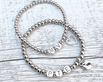 Personalized stainless steel beaded name bracelet - Heart Baby Feet letter bracelet, silver initial beaded bracelet, love bracelet