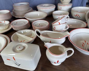 56 Piece Universal Cambridged Camwood Ivory Red Cattail China Set