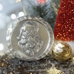 Silver Santa Round, 2 troy oz,handmade in Scotland, unique handcrafted coin for holiday gifts and decorations.