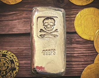 1oz, Pirate Solid SIlver Bar - text, Handmade in Scotland for Collectors or Unique Gifts.