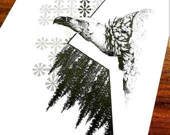 Digital printing - the eagle flies over the geometric fields, this is the bird line view, light will bring unity to nature