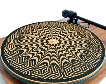 TazStudio slipmat - Cork Turntable Mat for Better Sound Support on Vinyl LP Record Player - Psychedelic Geometric Mix Pattern Art Desing